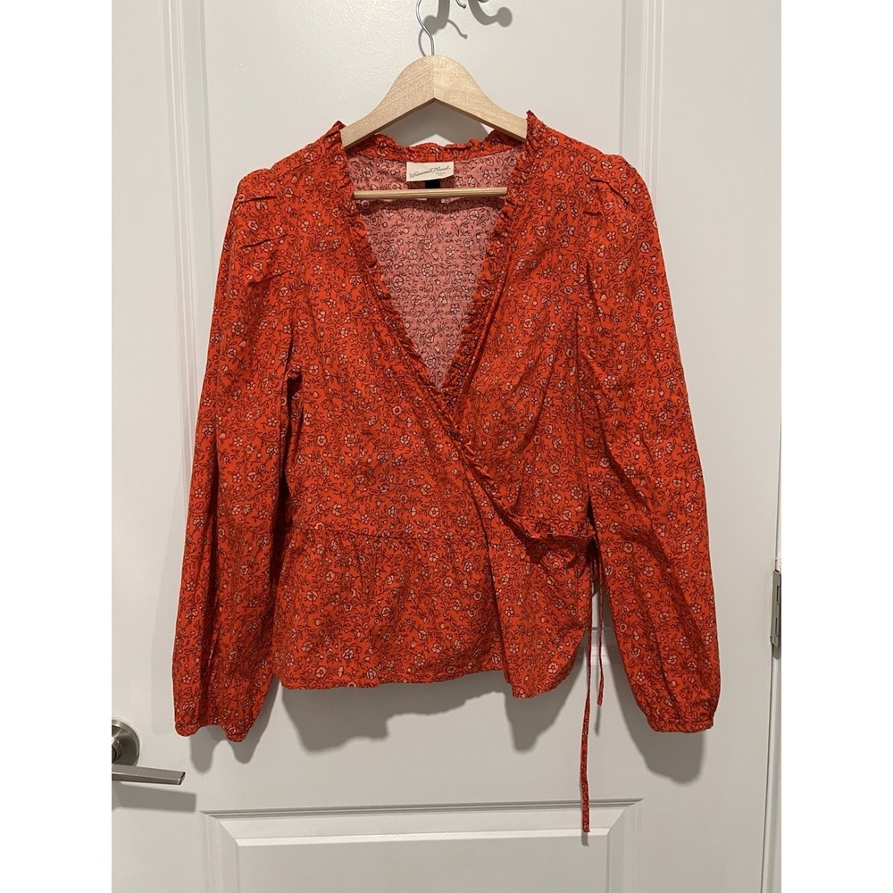 Universal Thread Women's Orange Floral Peplum Wrap Blouse LS Size Large‎ Fall